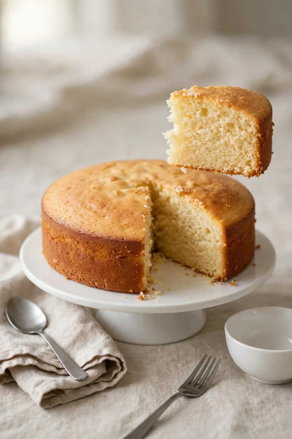 Moist soft cake on a plain stand