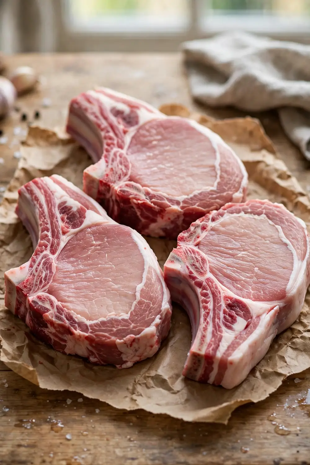 Thick bone in pork chops on butcher paper at a kitchen counter