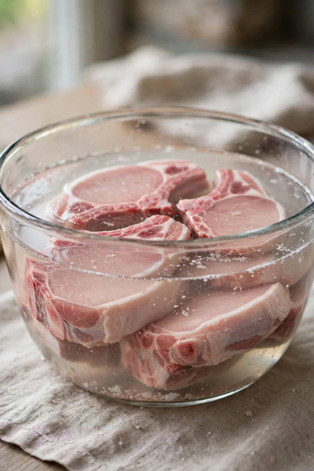 Pork chops soaking in a salted water brine in a large bowl