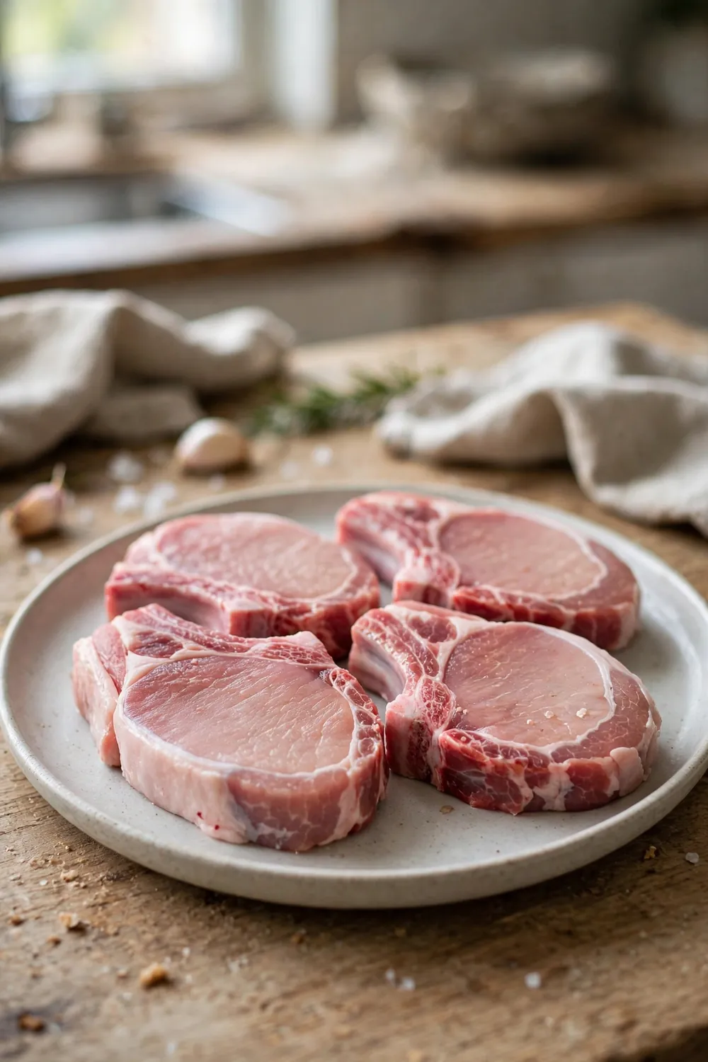 Pork chops resting on a plate warming up before cooking
