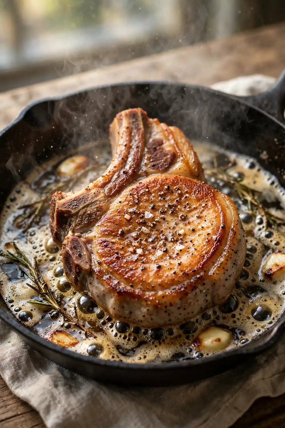 Pork chop searing in a hot skillet turning golden brown