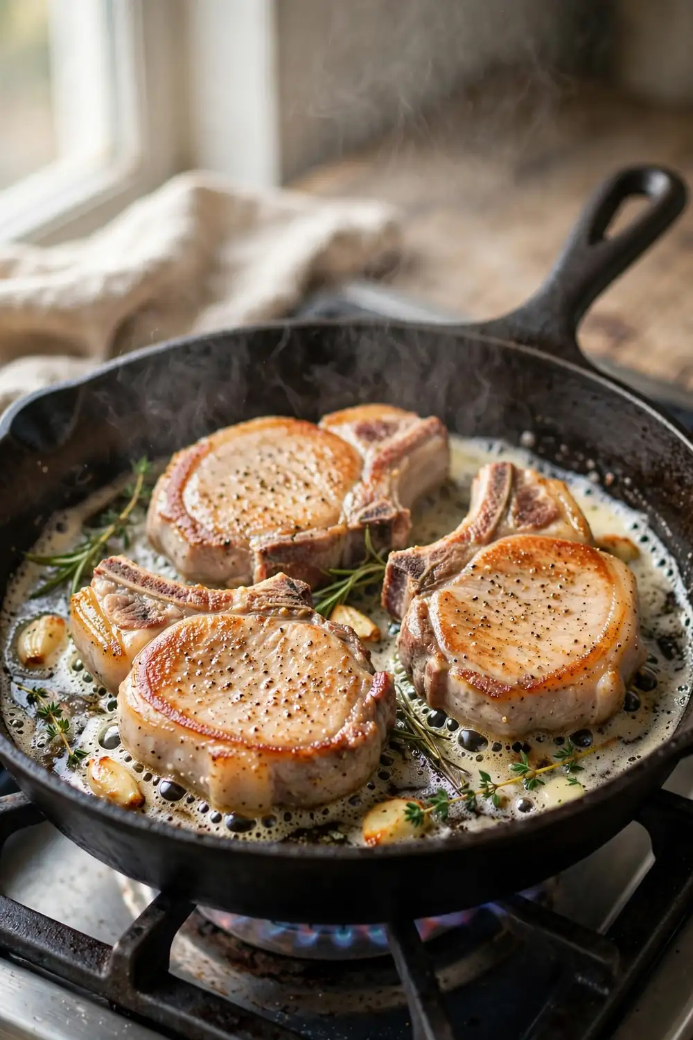 Pork chops cooking gently in a skillet over medium heat