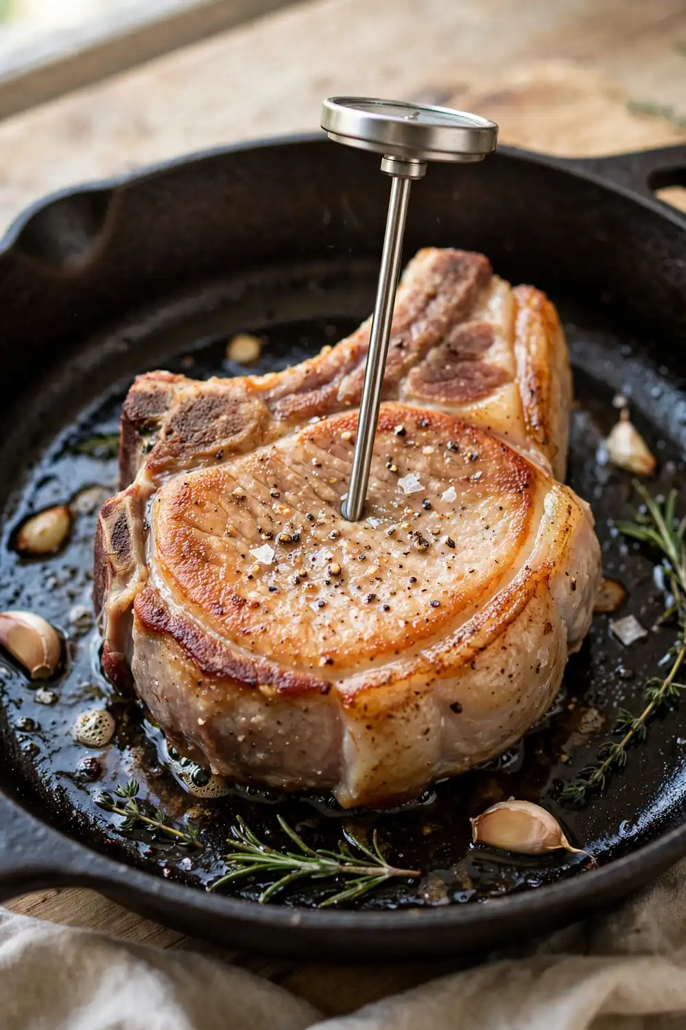 Meat thermometer reading inside a thick pork chop in a pan