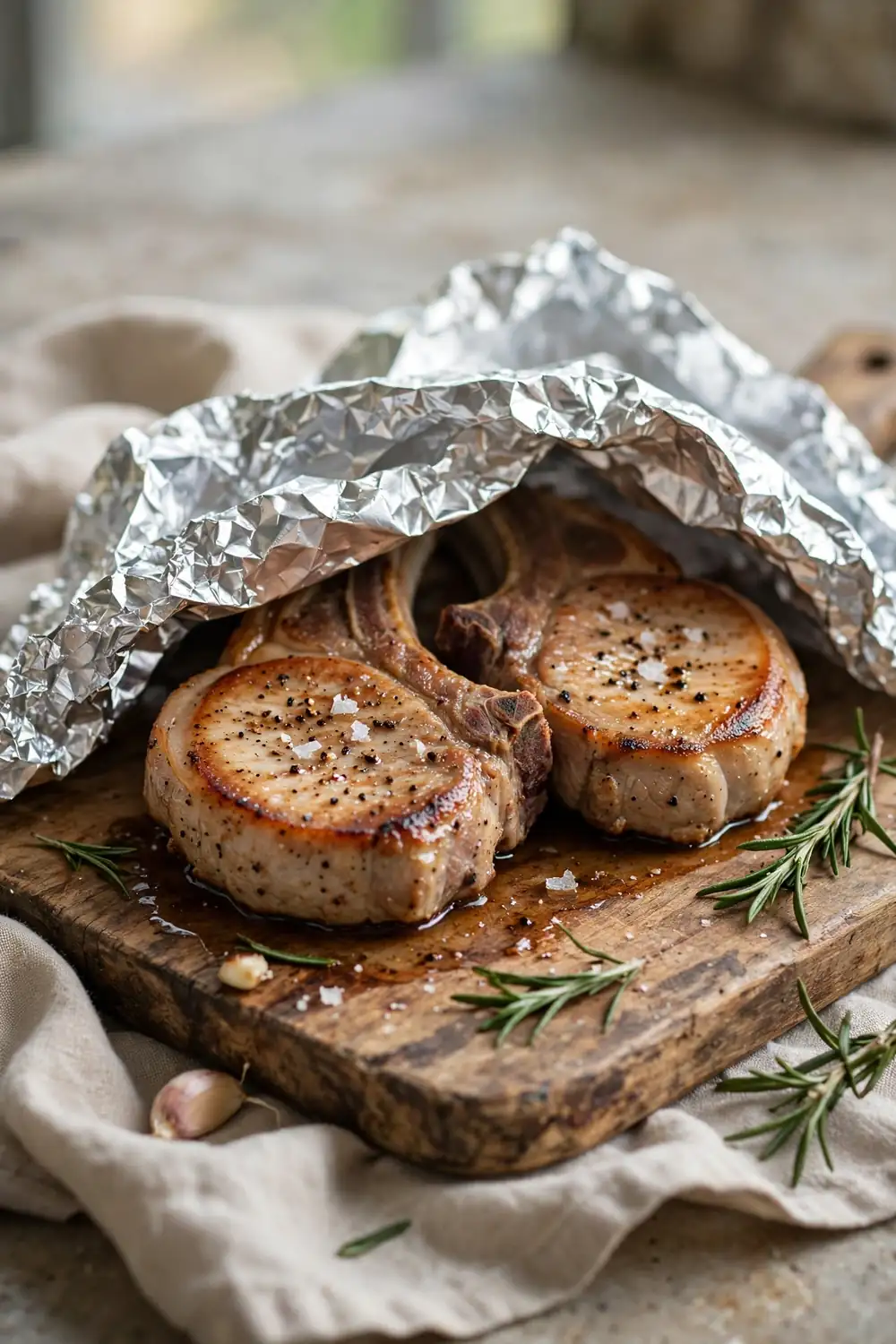 Cooked pork chops resting on a cutting board under loose foil