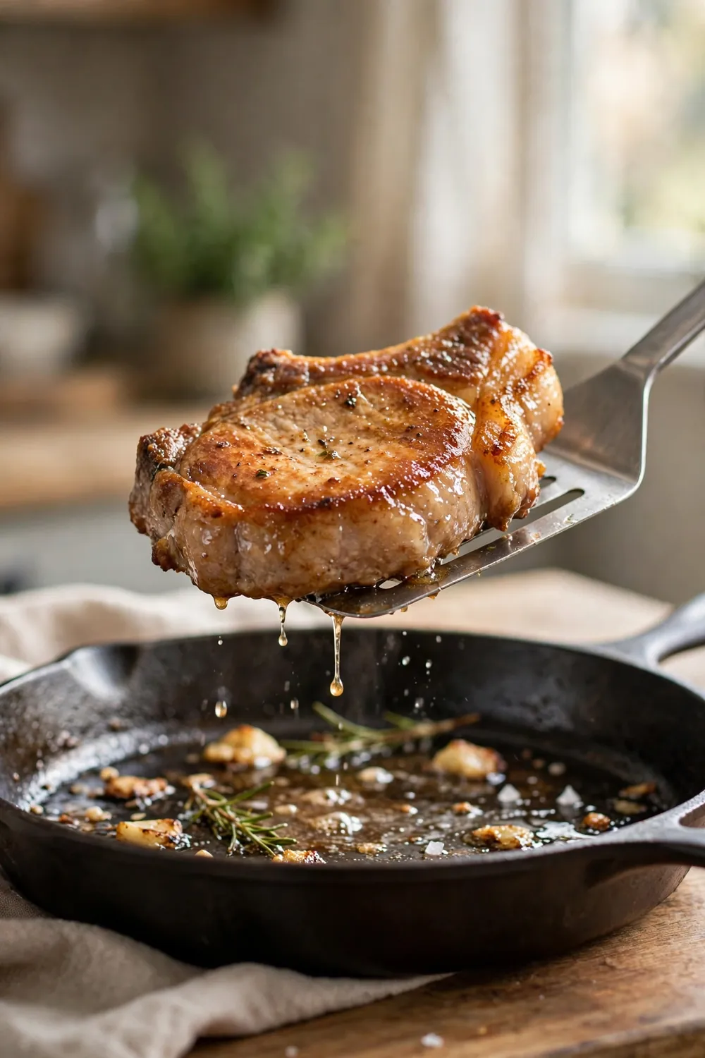 Spatula lifting a pork chop gently without pressing it down