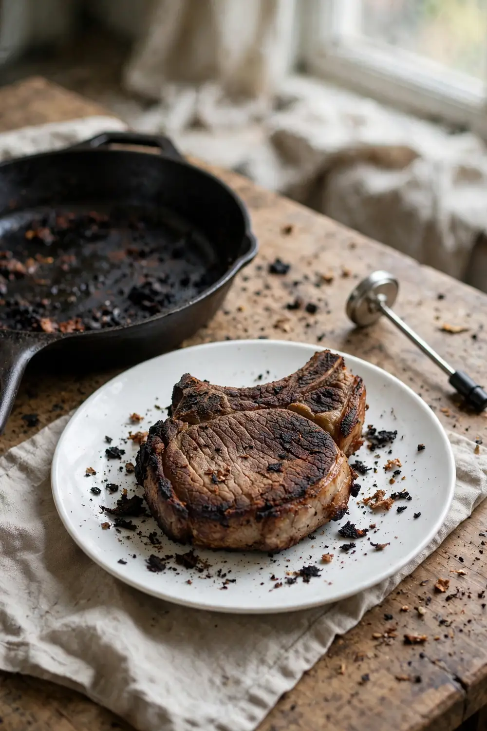 Overcooked dry pork chop beside a skillet and thermometer