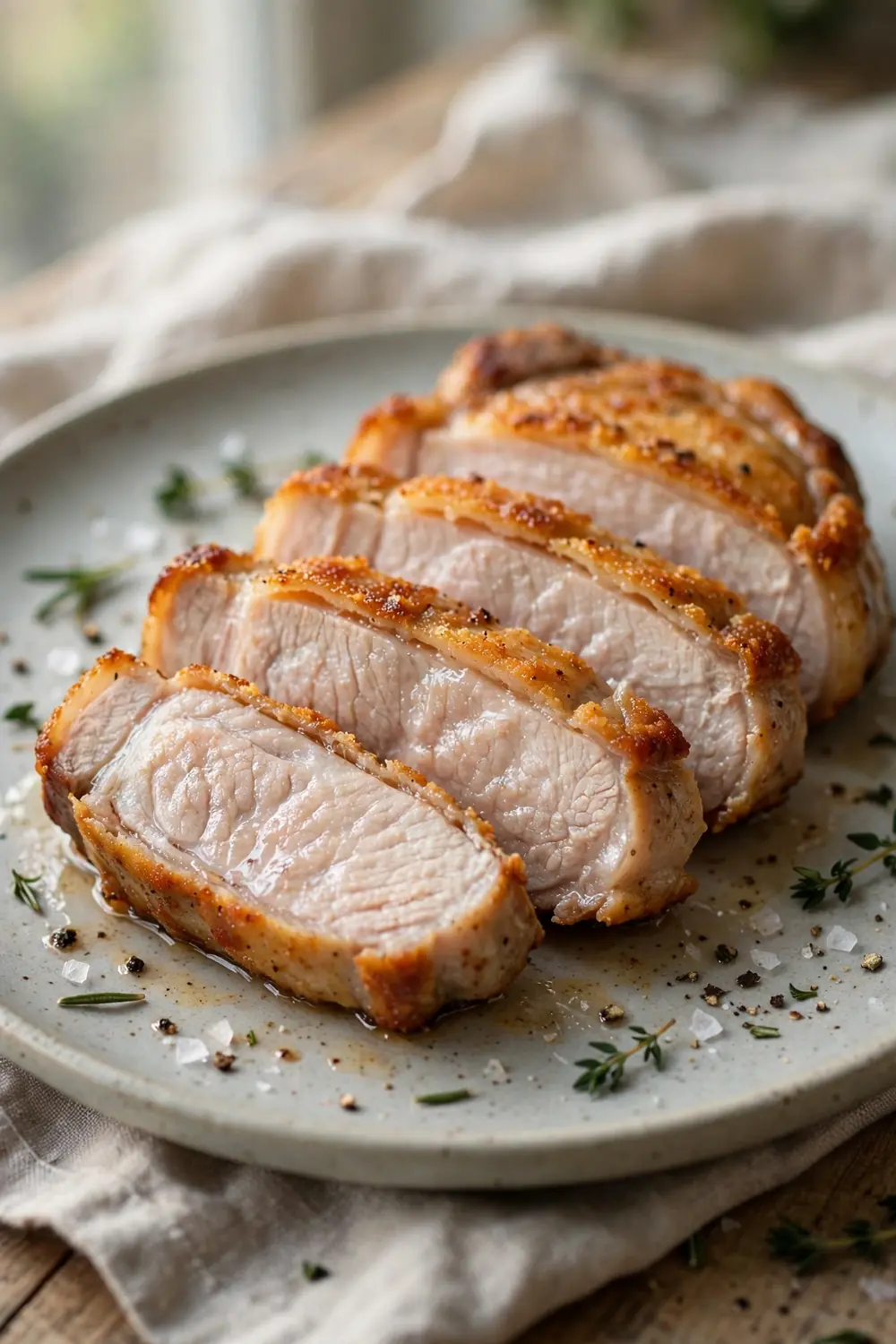 Juicy sliced pork chop on a plate with a tender pink free center