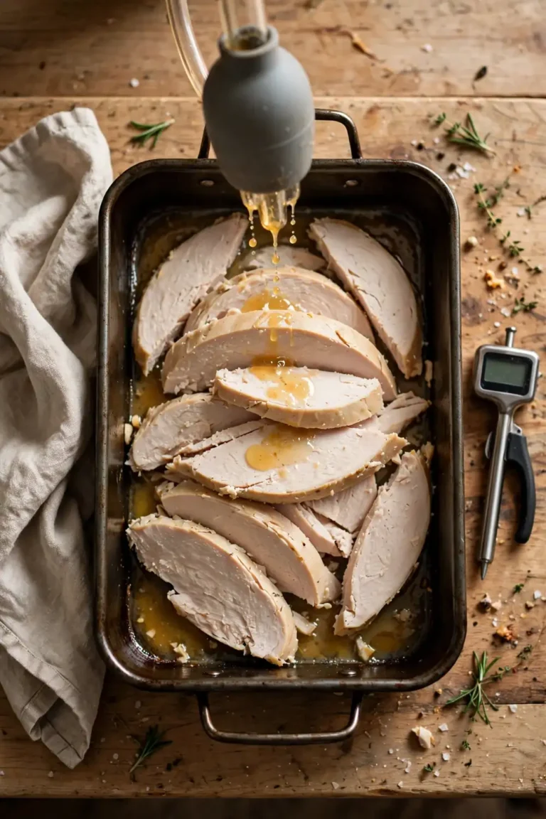 Dry turkey being basted in a roasting pan