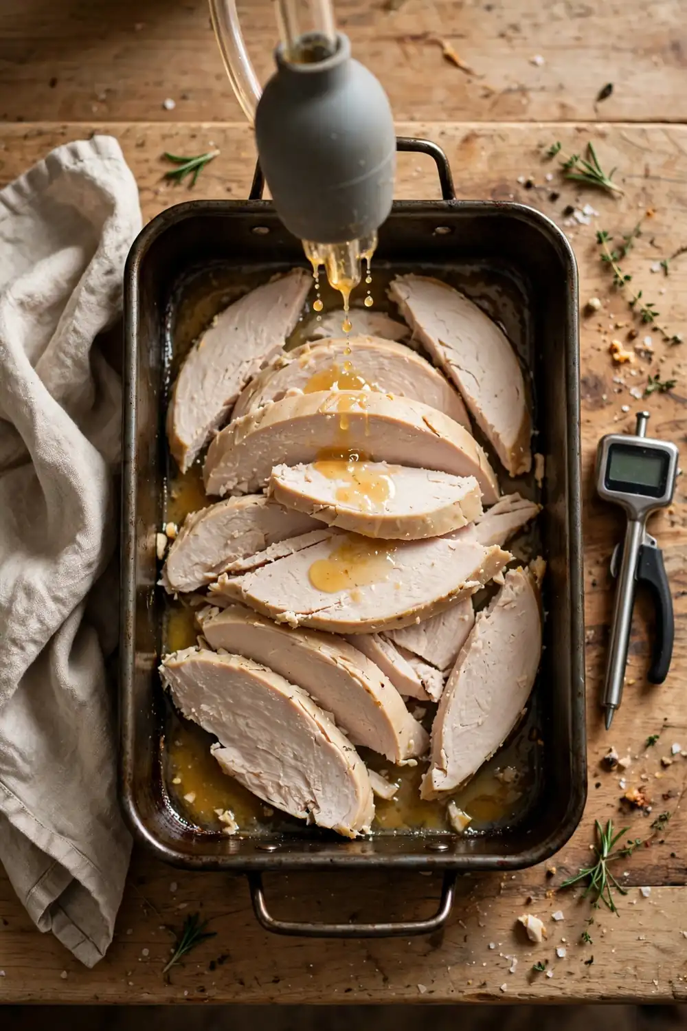 Dry turkey being basted in a roasting pan