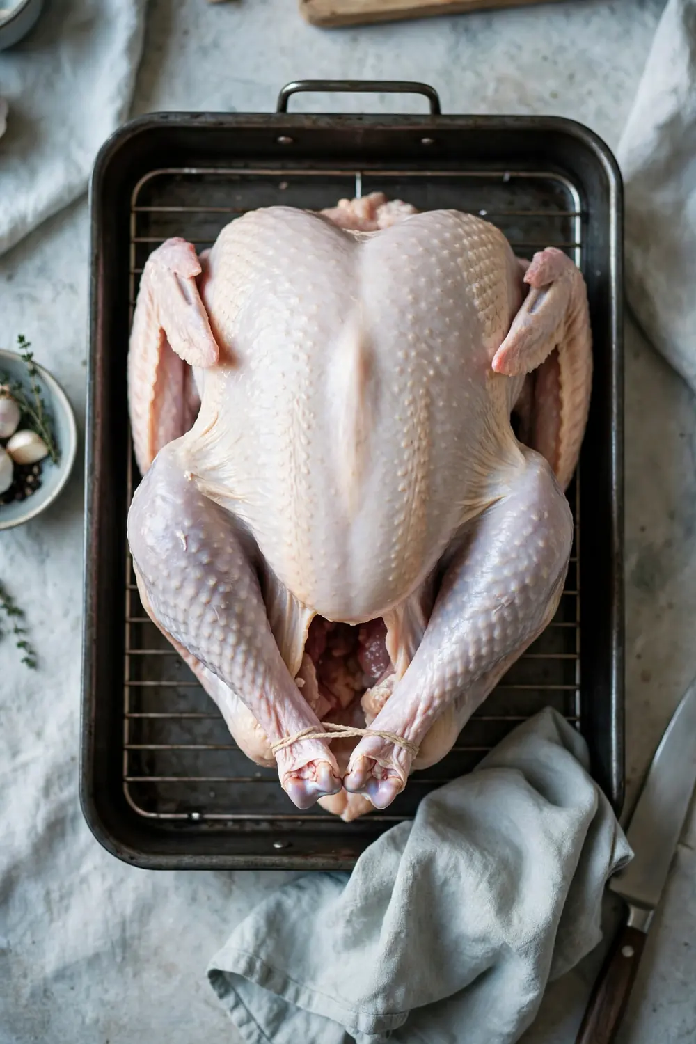 Raw whole turkey on a roasting pan