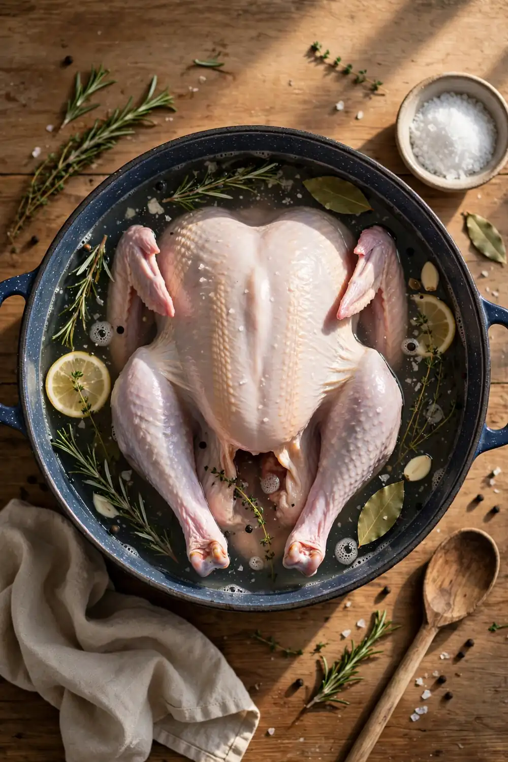 Raw turkey soaking in a pot of brine