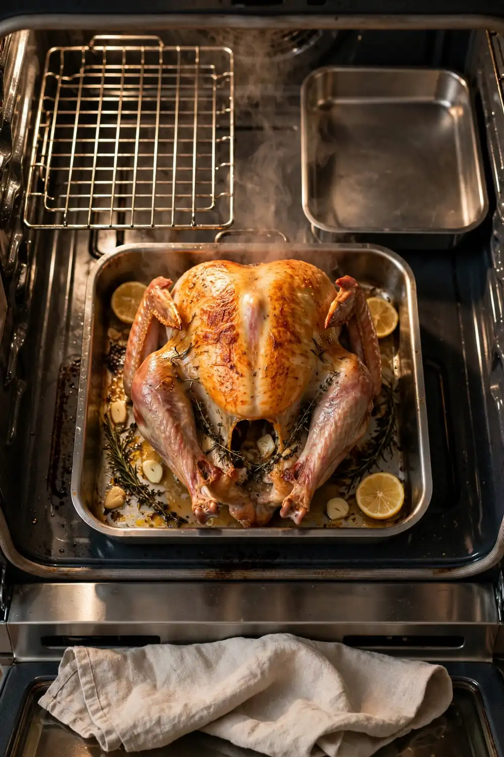 Turkey roasting slowly in an oven