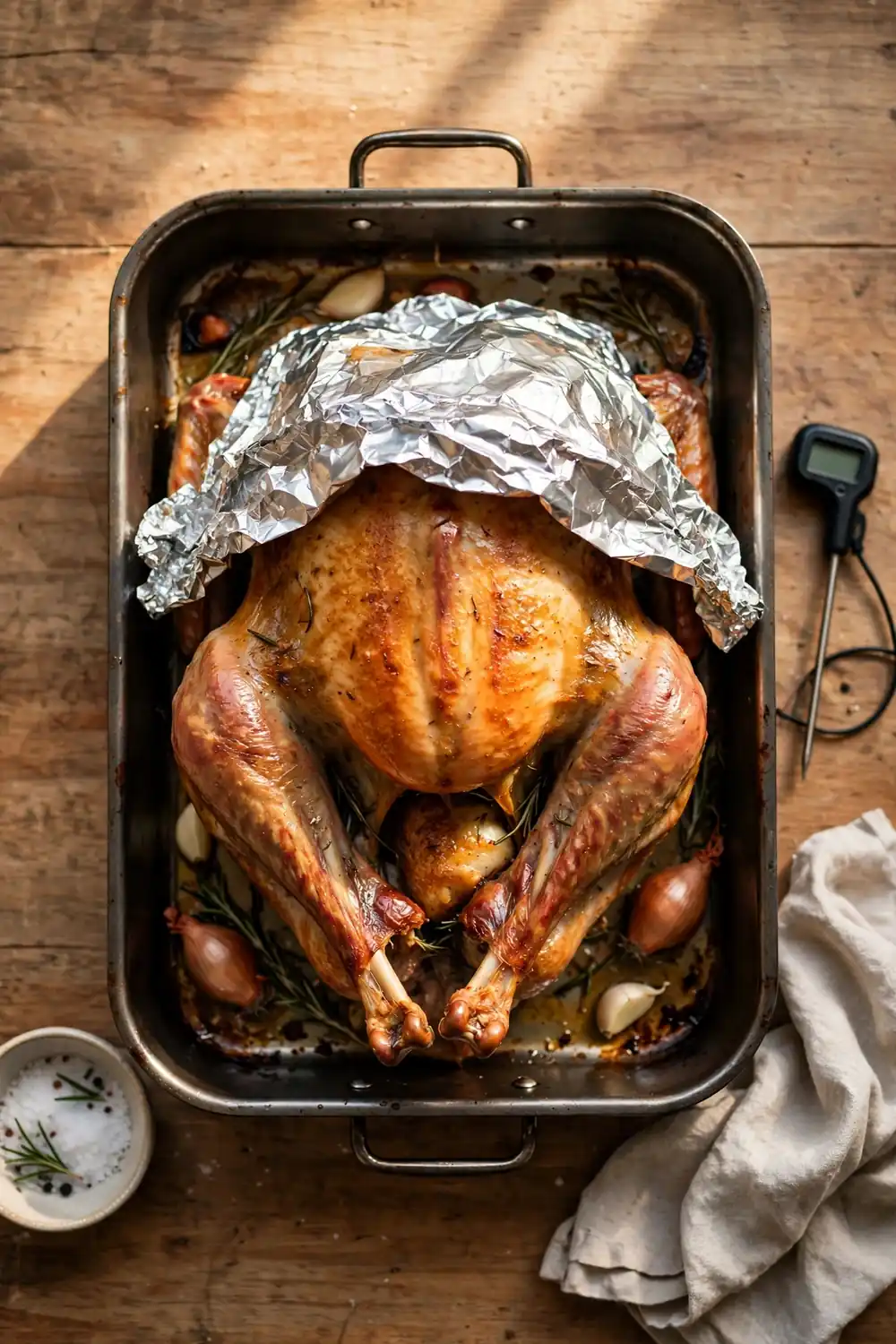 Roast turkey with a foil tent over the breast