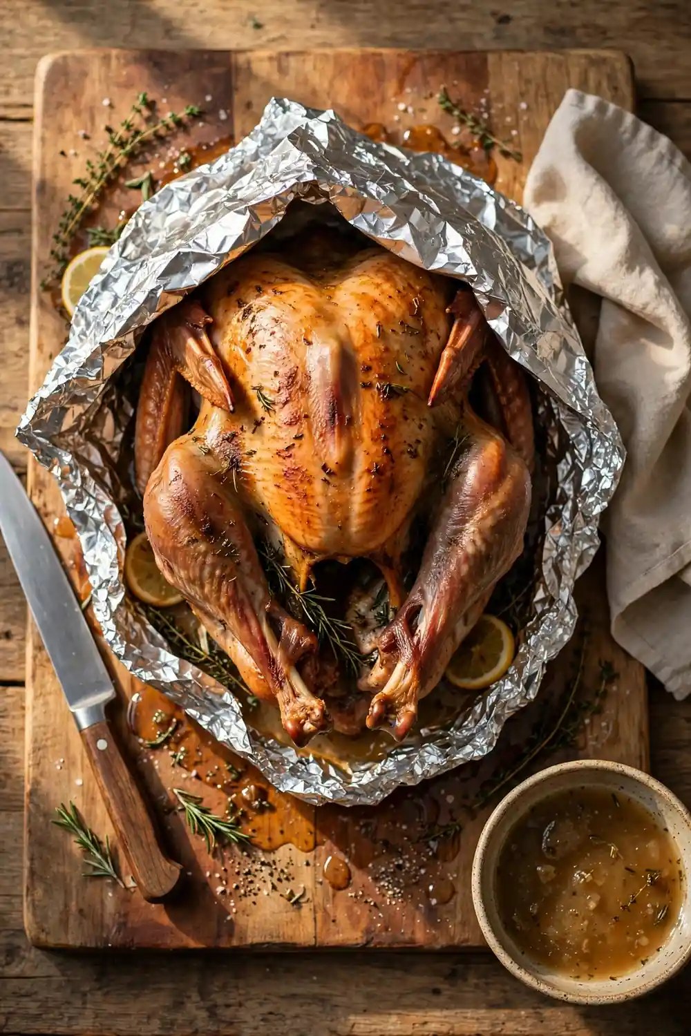 Cooked turkey resting under foil