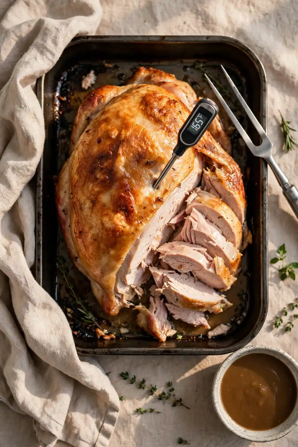 Meat thermometer in a roast turkey breast
