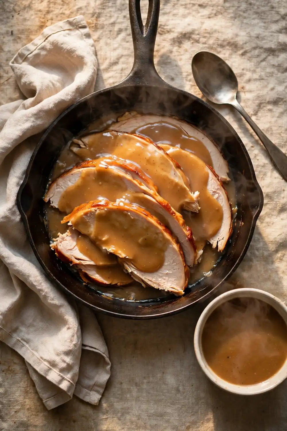 Dry turkey slices with warm gravy in a pan