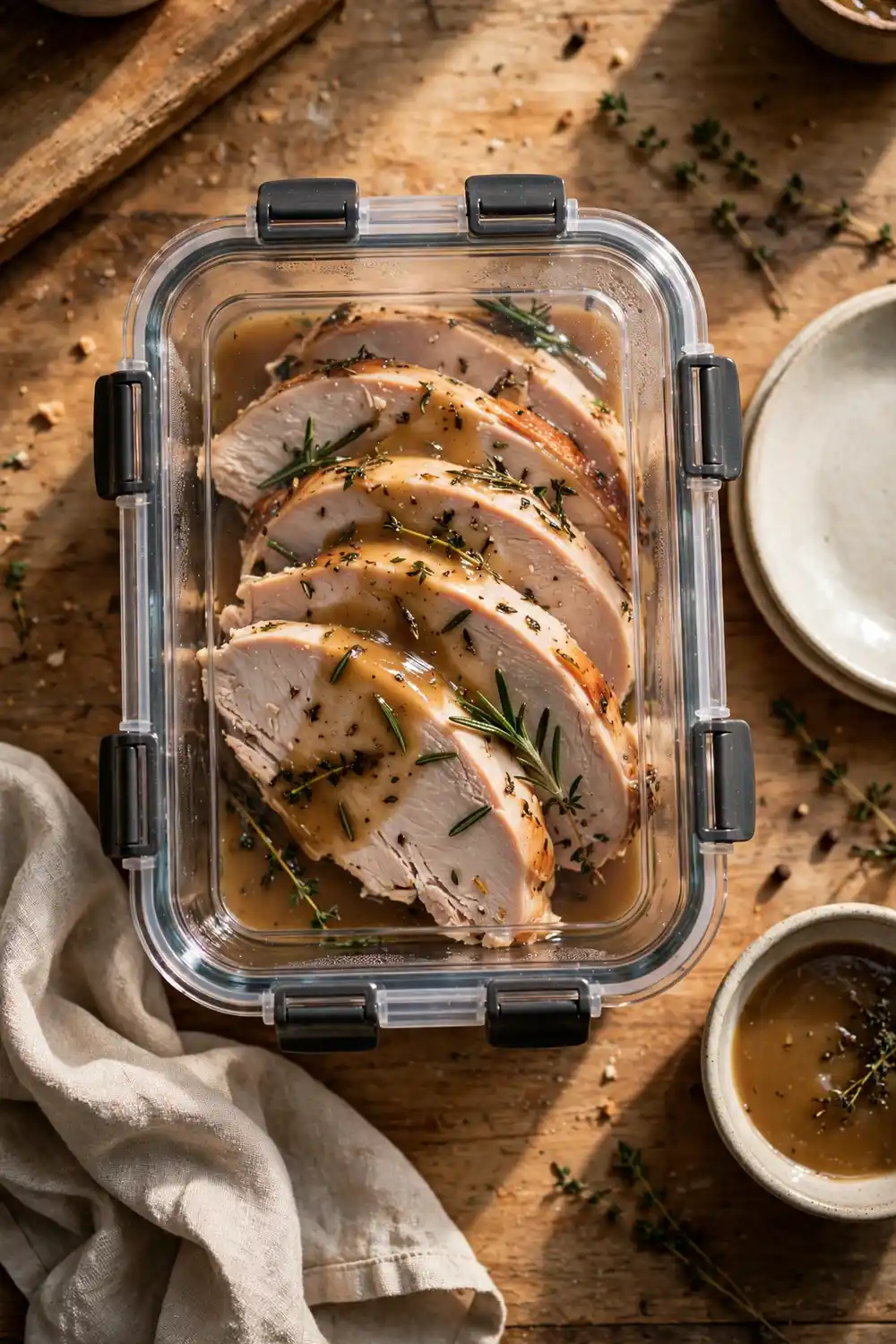 Turkey slices stored in a sealed container