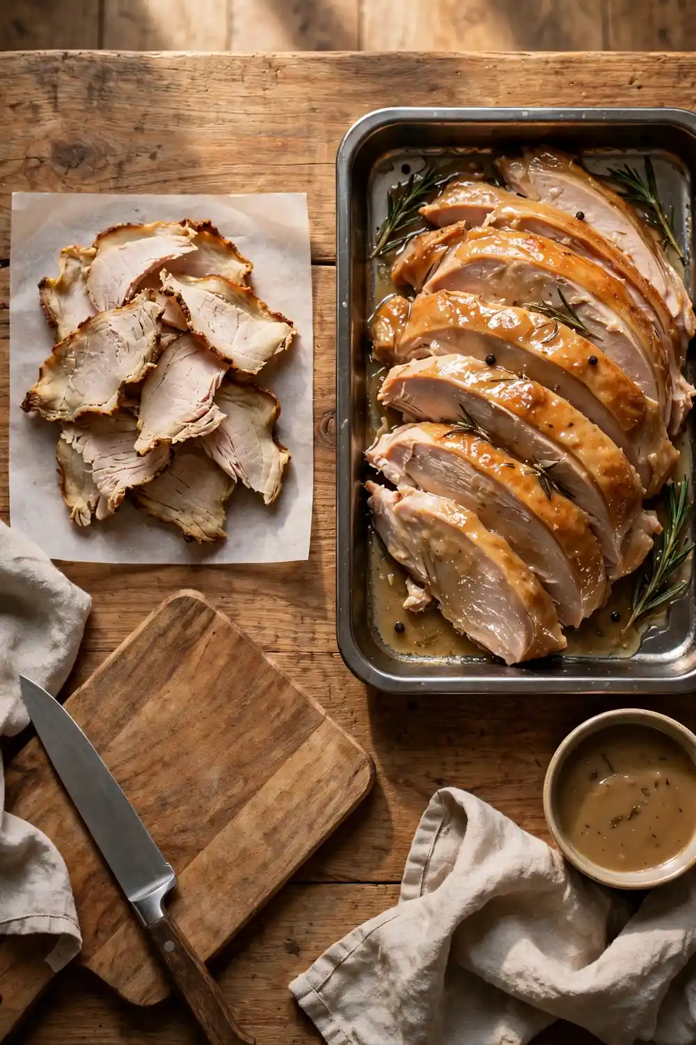 Dry turkey slices beside juicy turkey slices