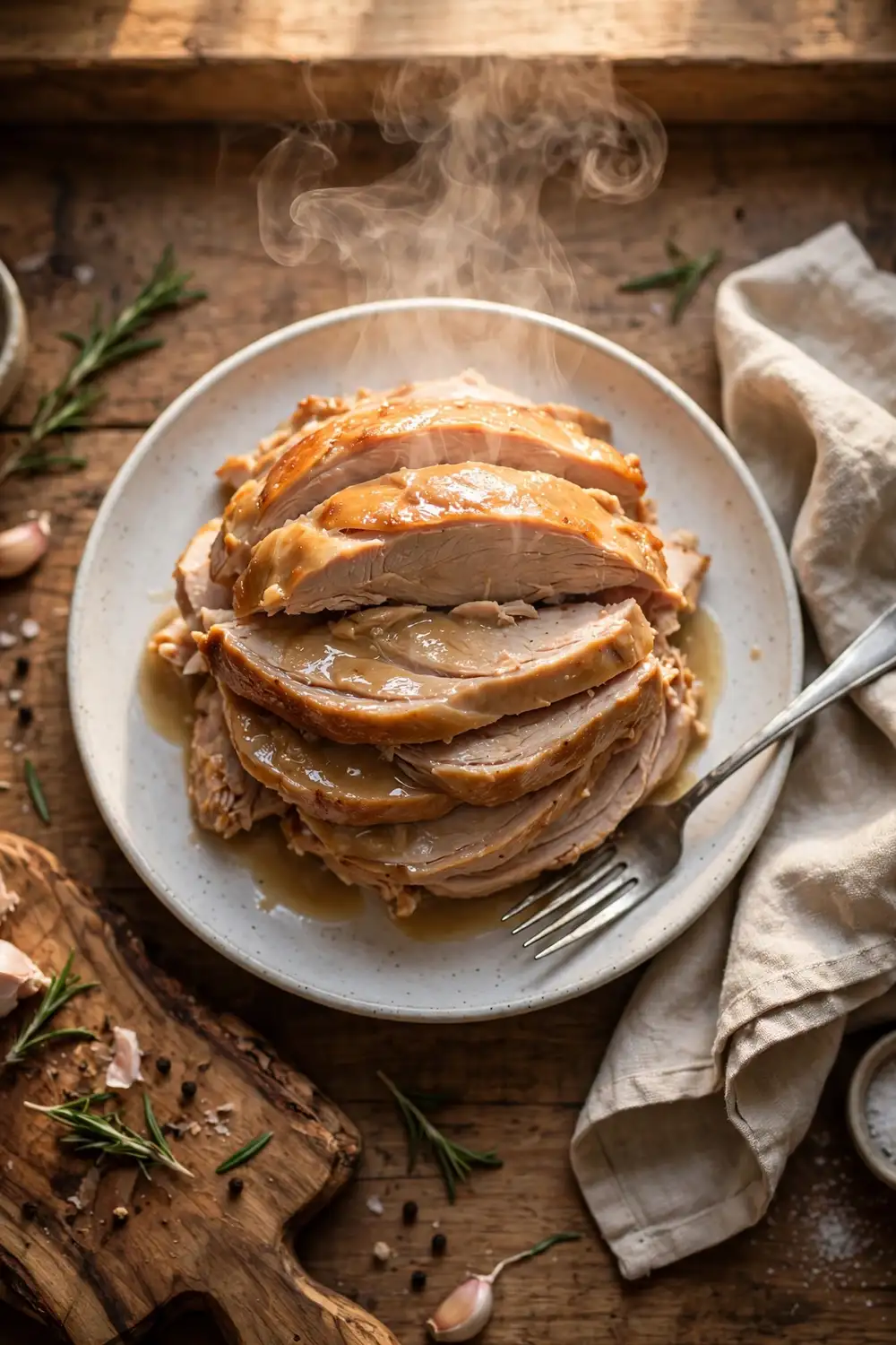 Juicy turkey slices stacked on a plate