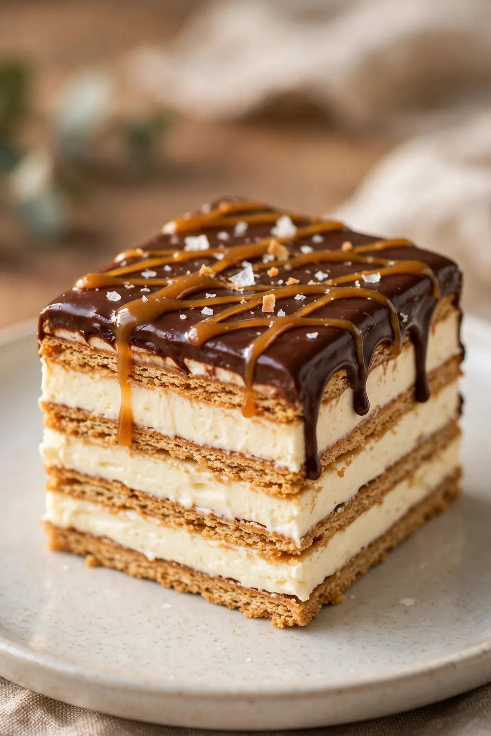 Salted caramel drizzle eclair dessert slice