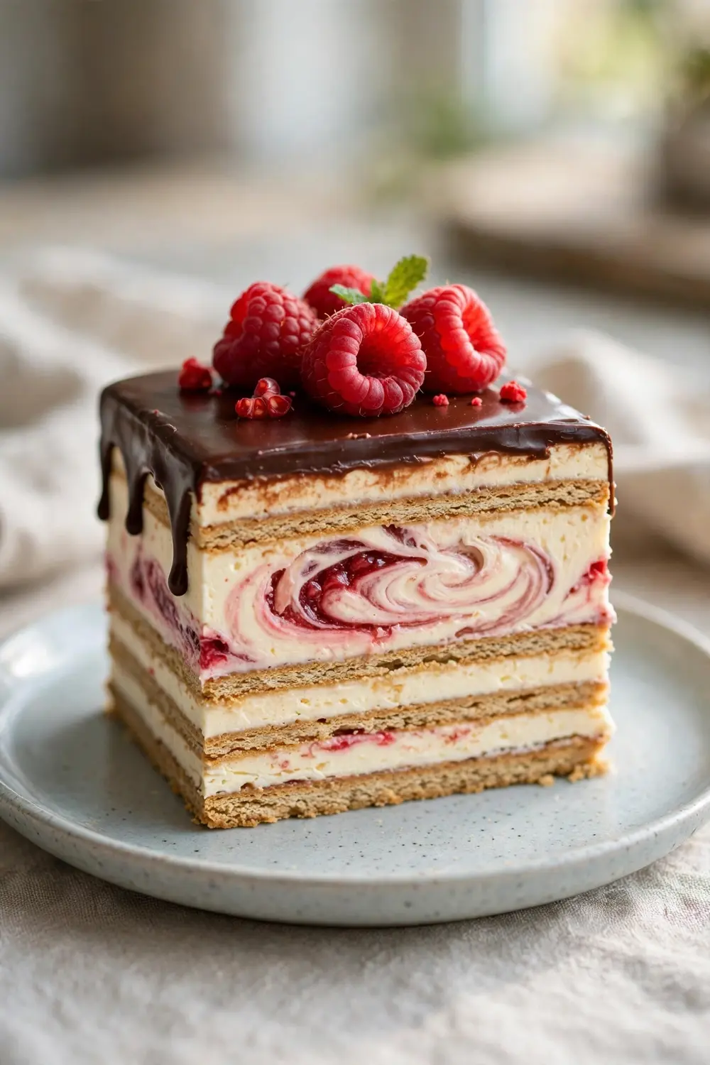 Raspberry chocolate swirl eclair dessert slice