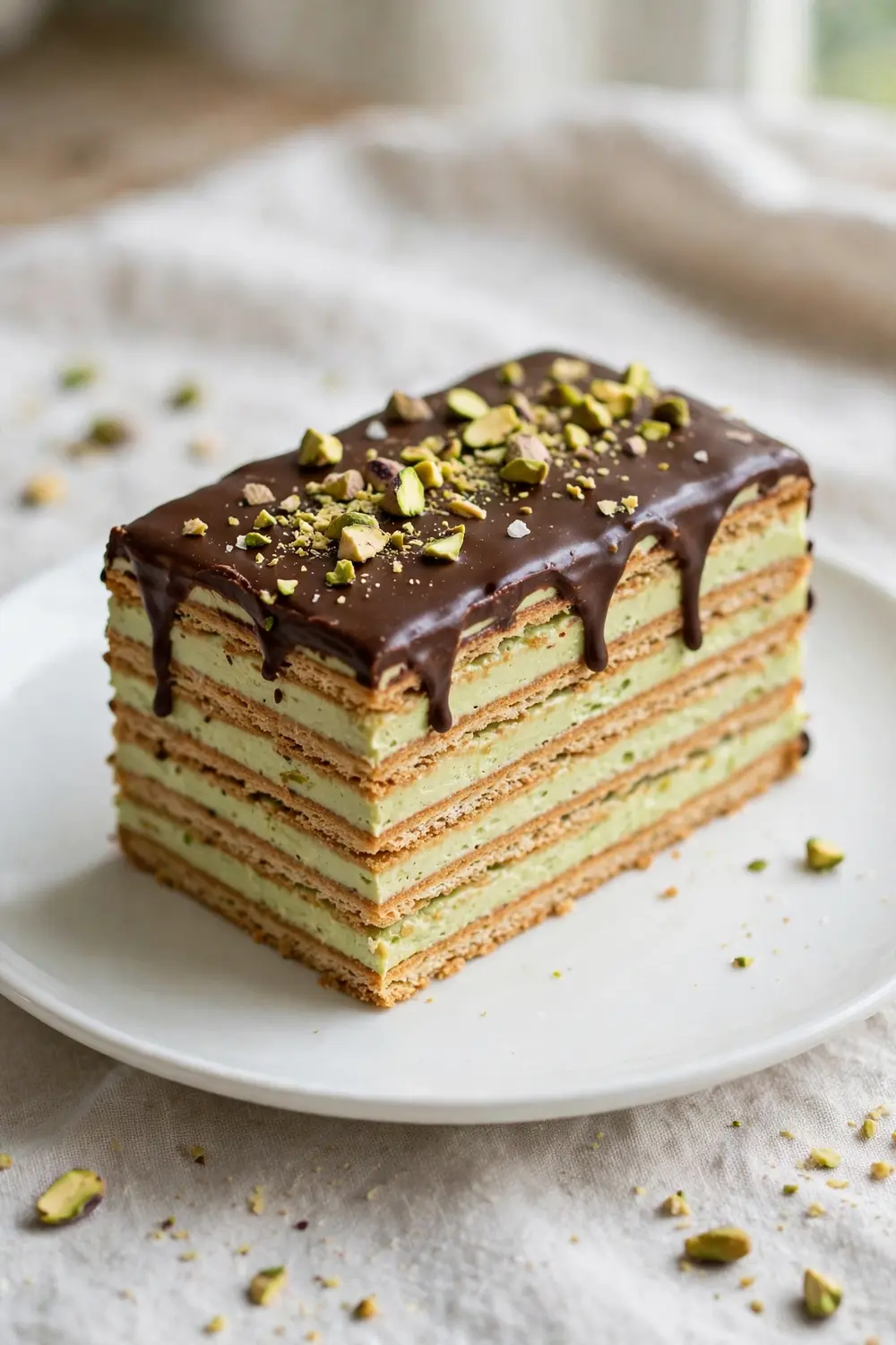 Pistachio cream layers eclair dessert slice
