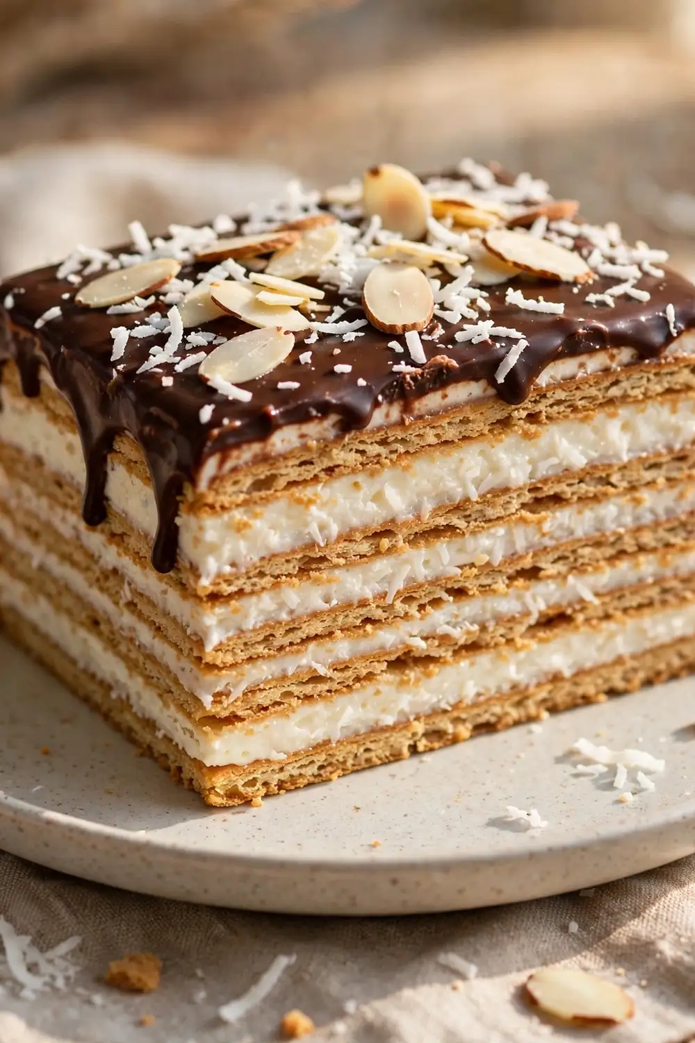 Almond coconut layers eclair dessert slice