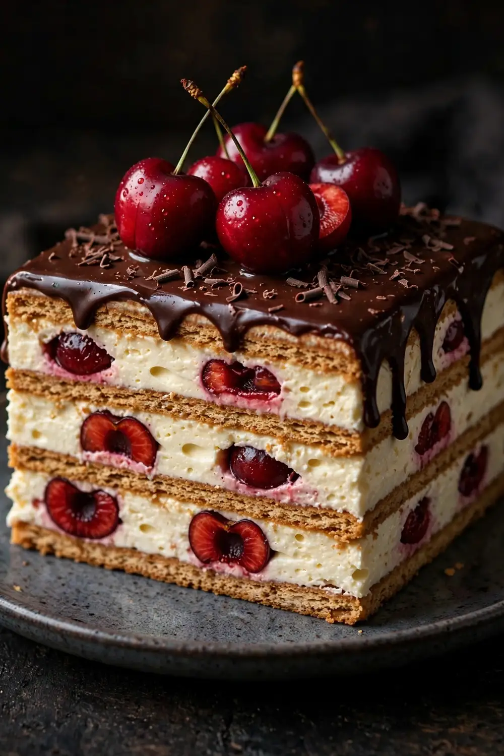 Cherry chocolate stack eclair dessert slice