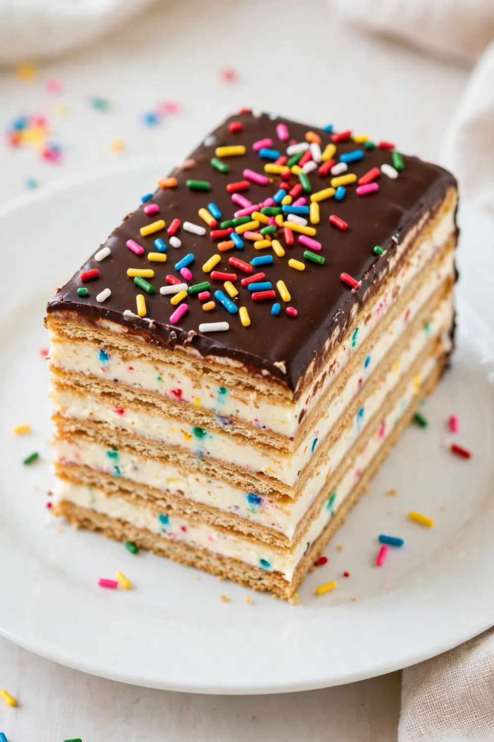Confetti sprinkle stack eclair dessert slice