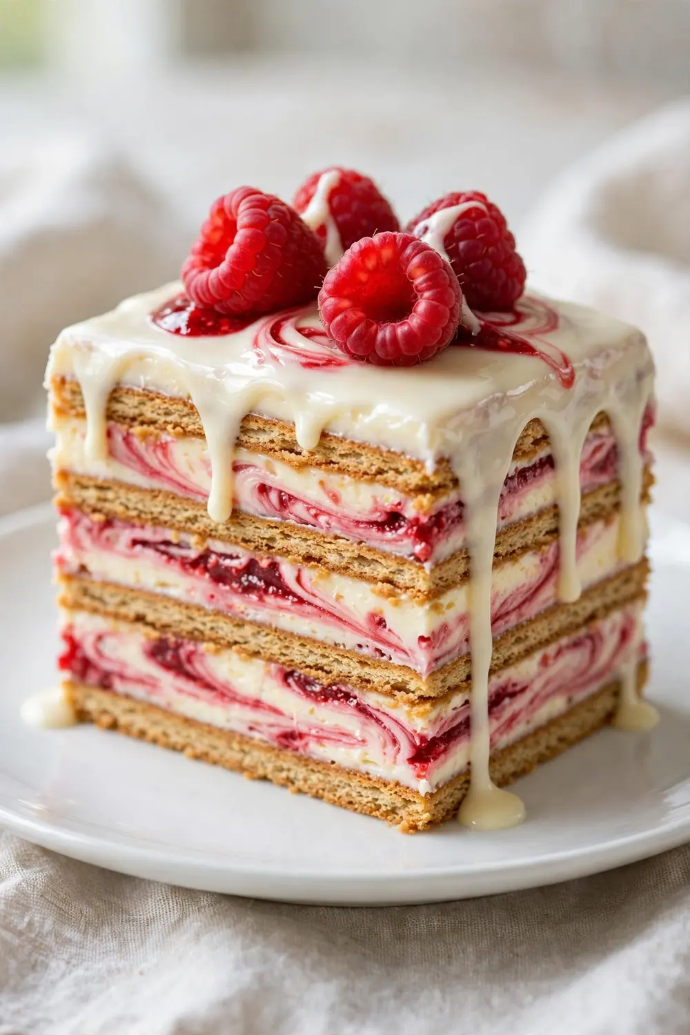 White chocolate raspberry eclair dessert slice