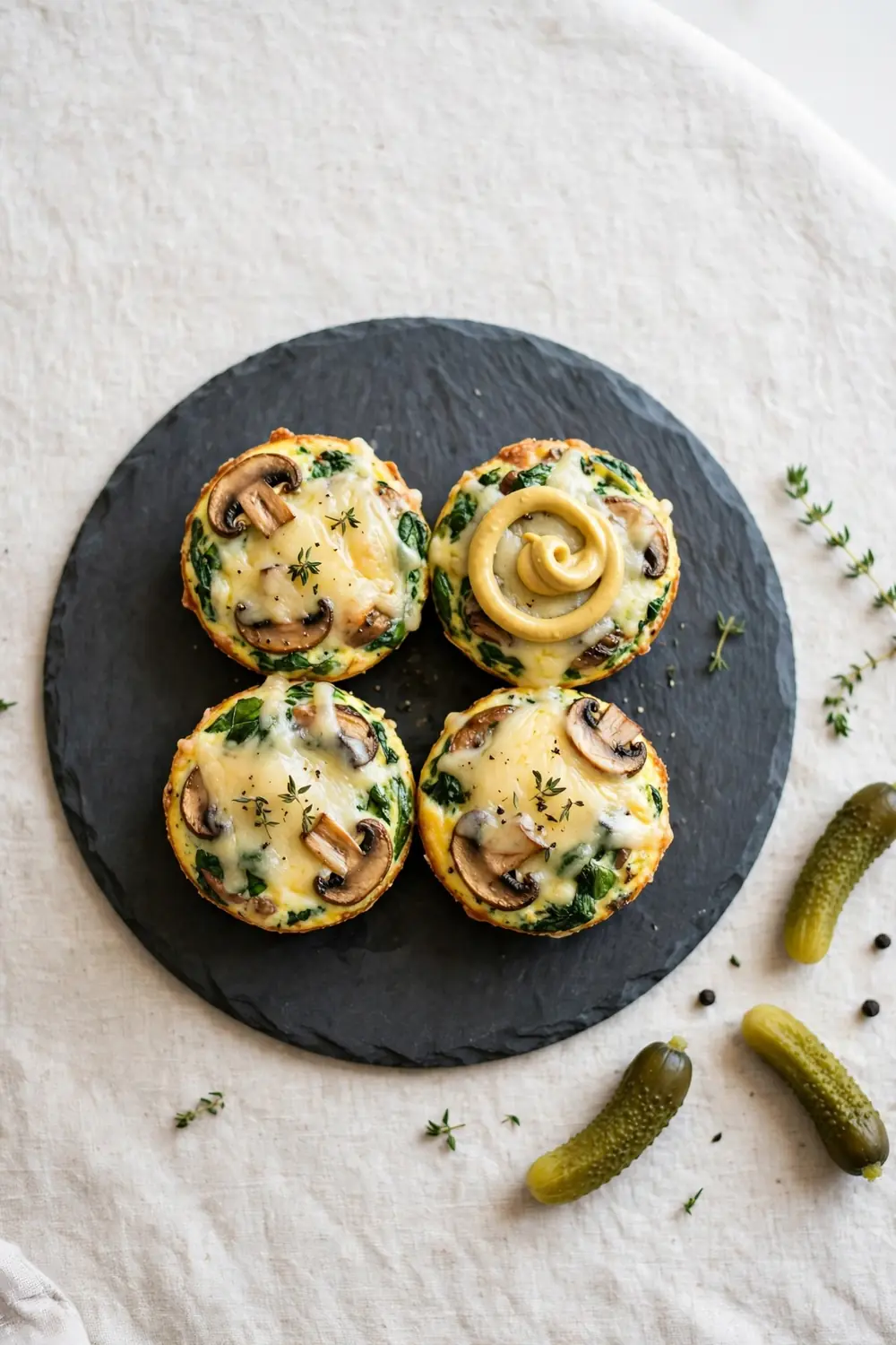 Swiss Dijon Bites with spinach and mushrooms