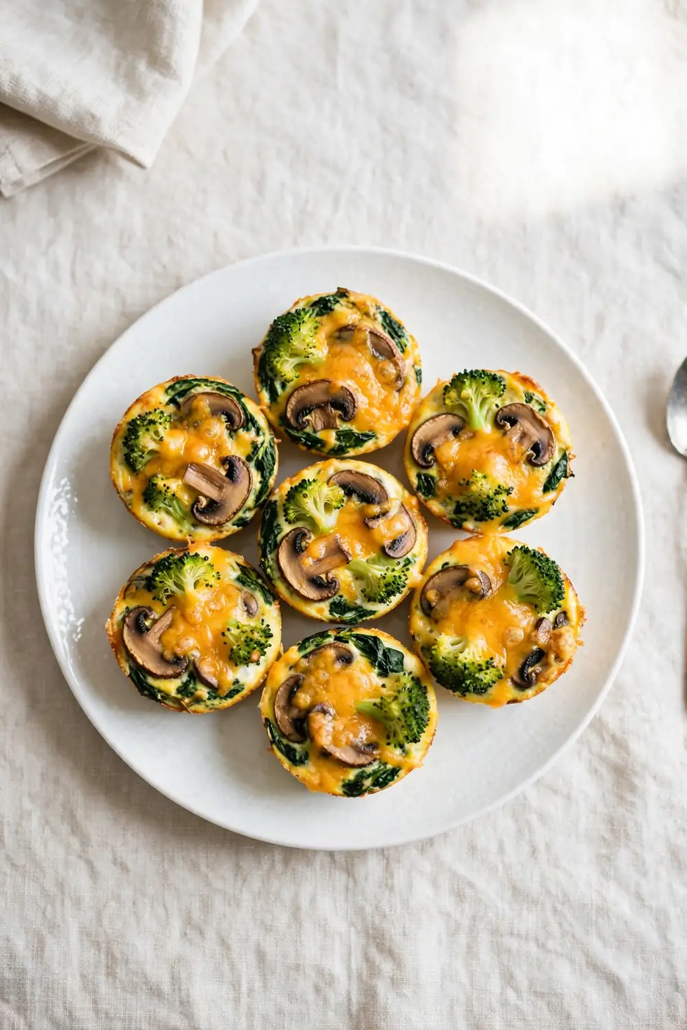 Broccoli Cheddar Bites with spinach and mushrooms