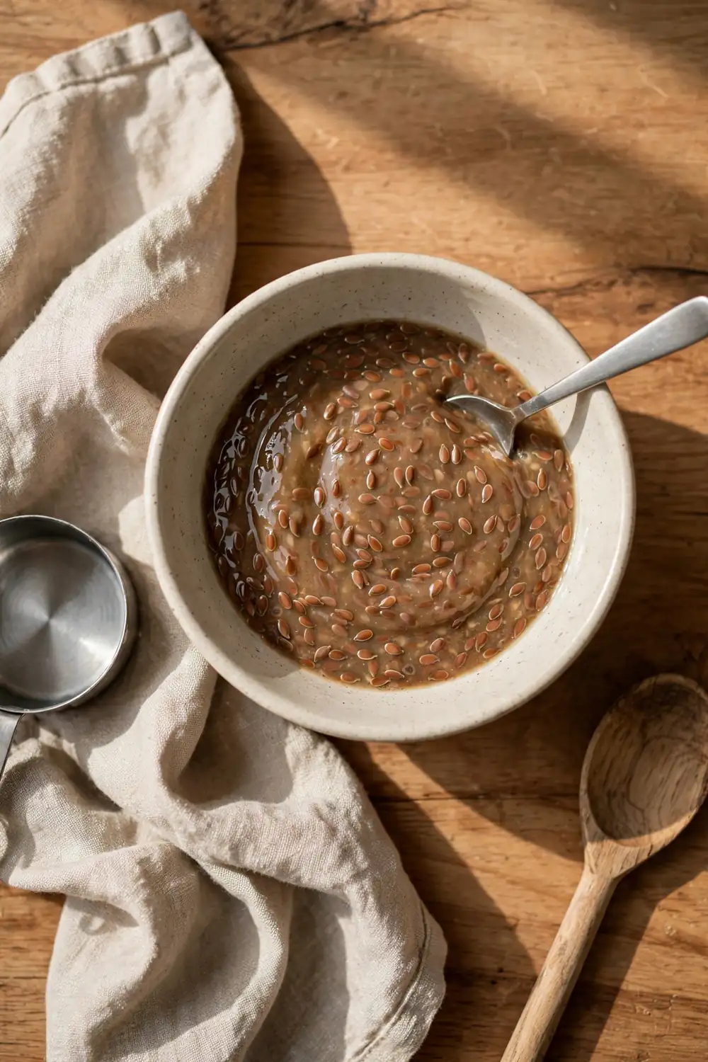 Ground flaxseed mixed with water in a bowl
