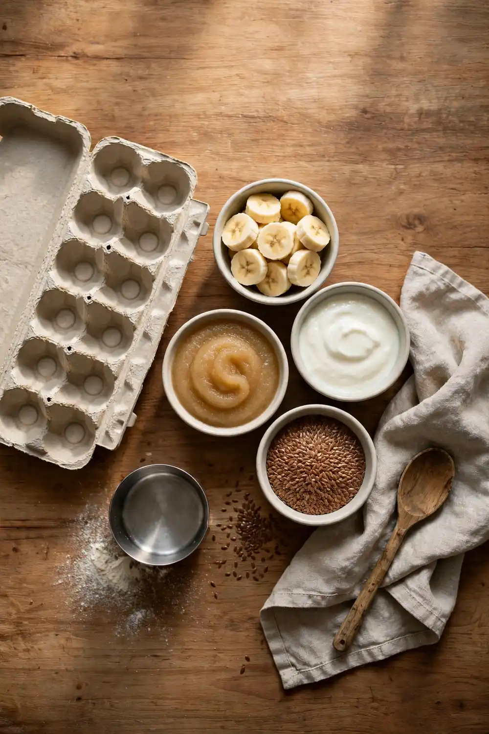 Bowls of banana, applesauce, yogurt, and flaxseed