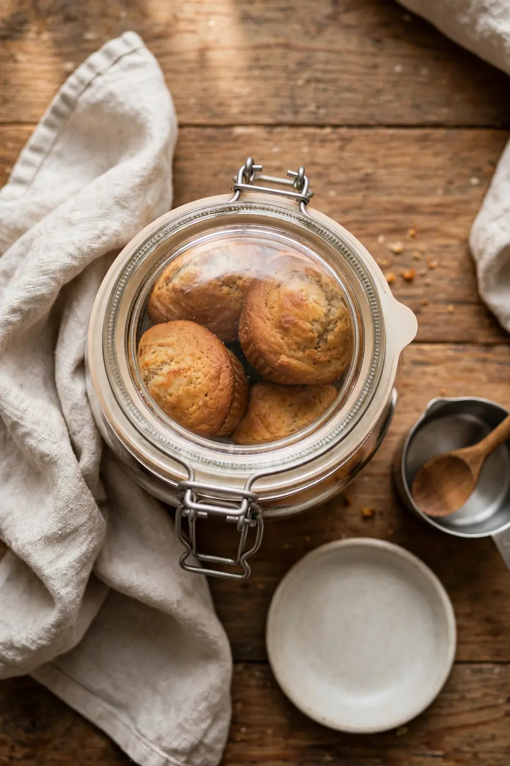 Fresh baked muffins in a sealed glass container