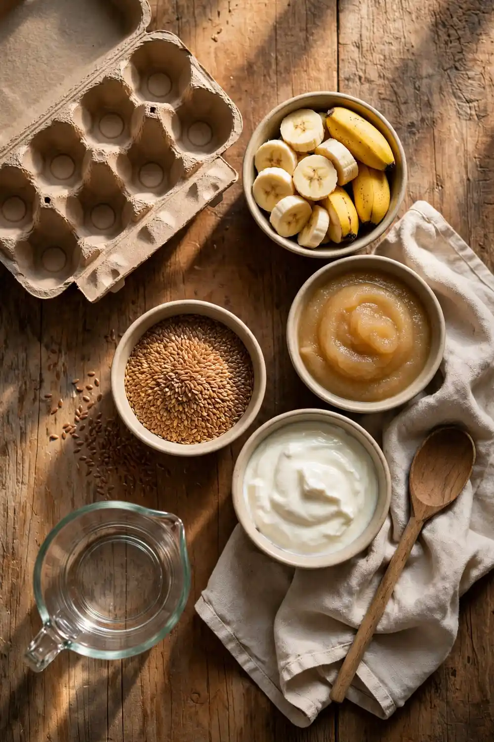 Bowls of banana, applesauce, yogurt, and flaxseed