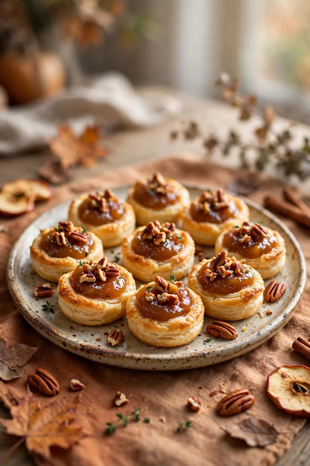 Baked brie bites with apple butter and toasted pecans on a platter
