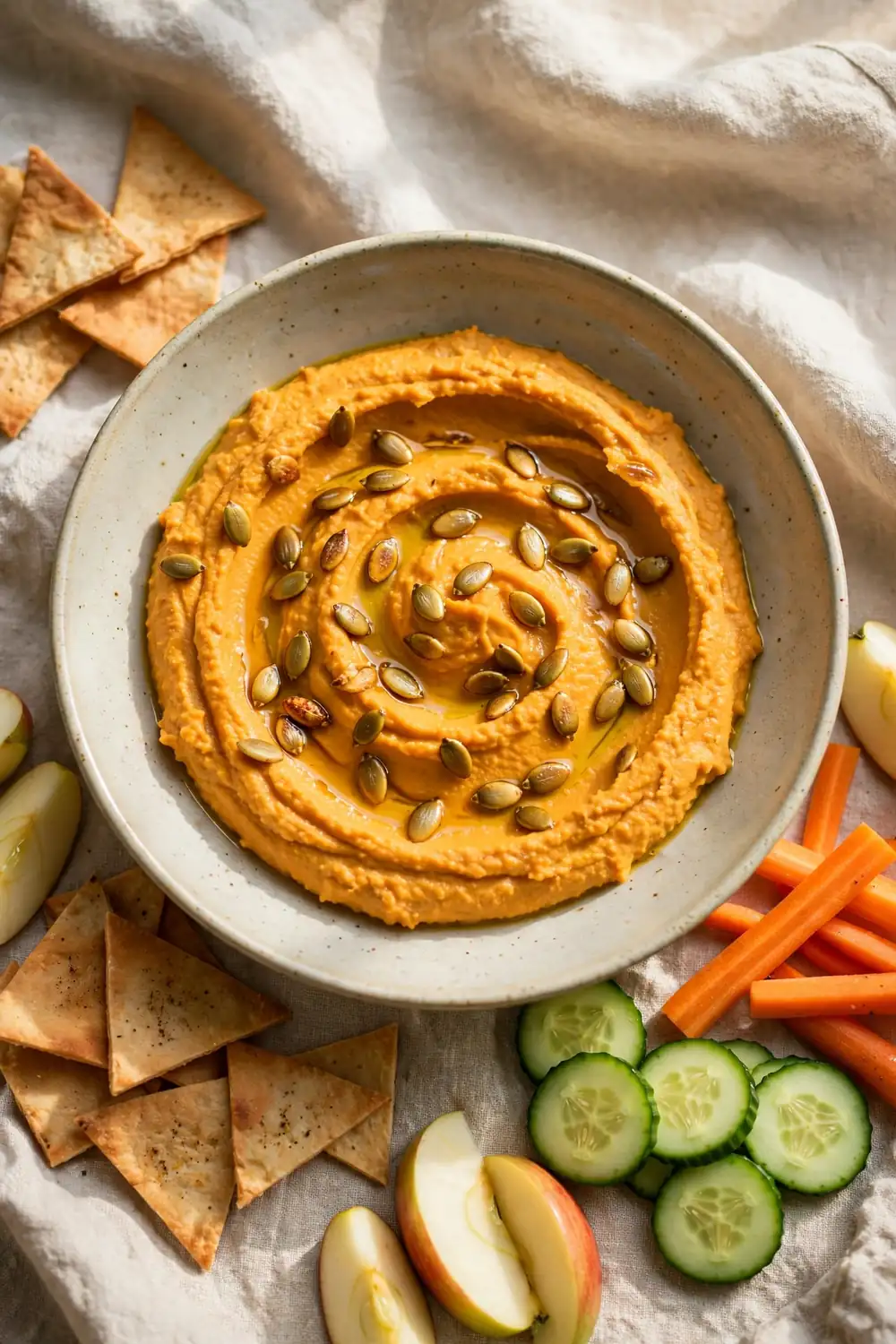 Pumpkin hummus swirled in a bowl with pita chips and vegetables