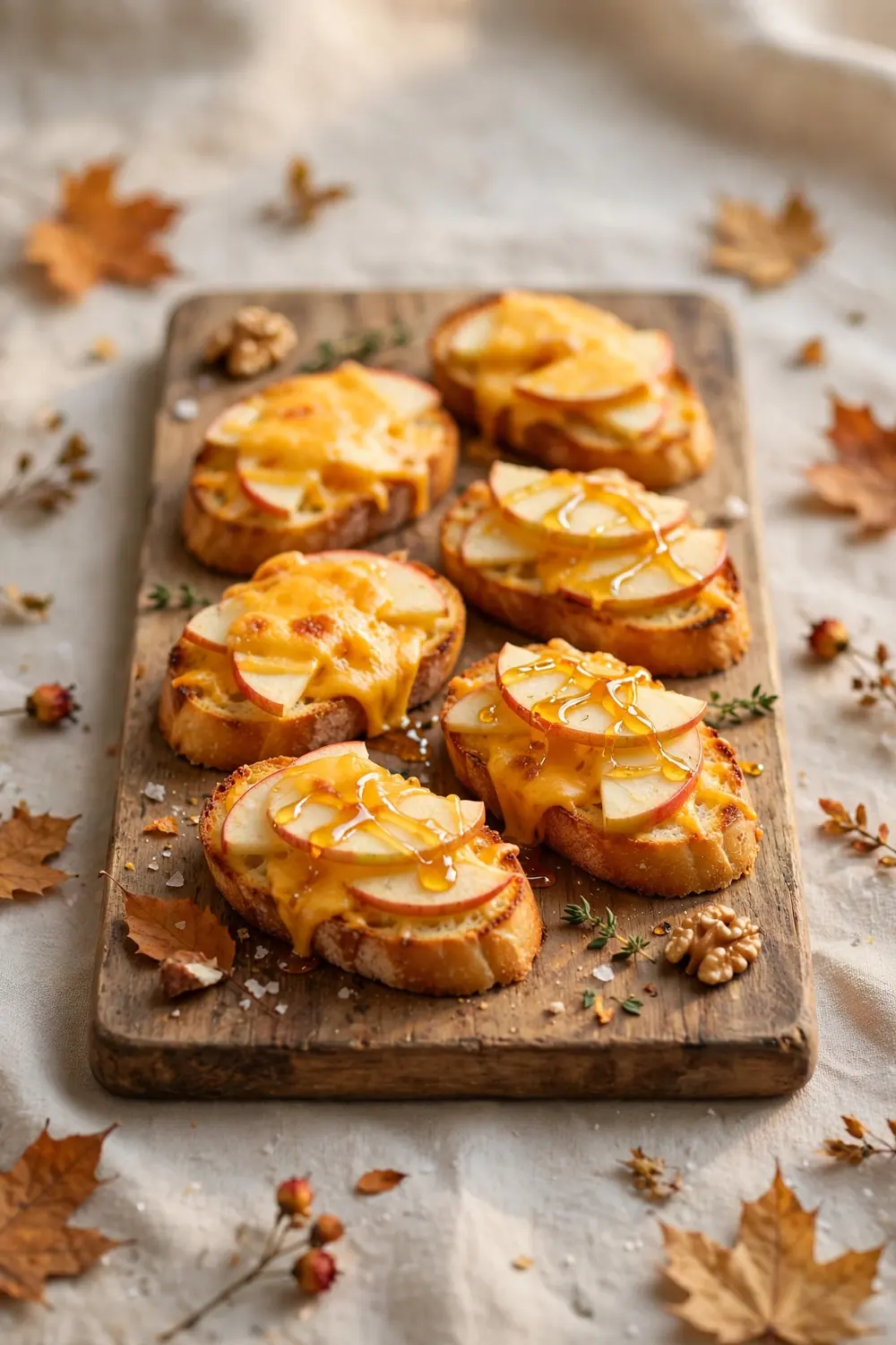 Apple cheddar crostini with honey drizzle on a wooden board