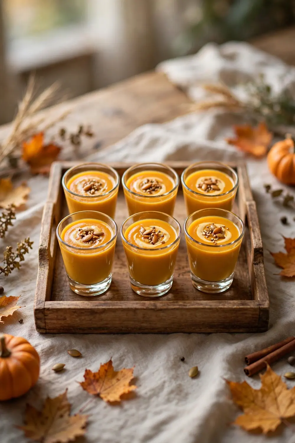 Butternut squash soup shots with cream swirl and seeds