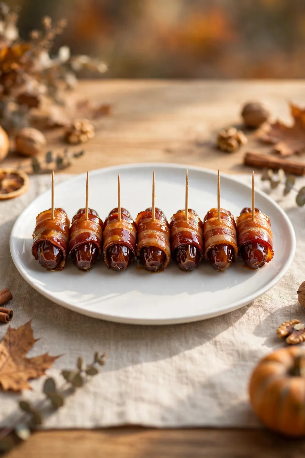 Maple bacon wrapped dates on a serving platter