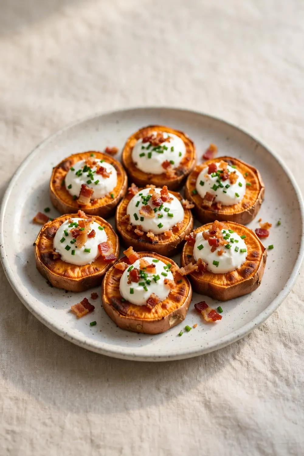 Sweet potato rounds topped with sour cream chives and bacon