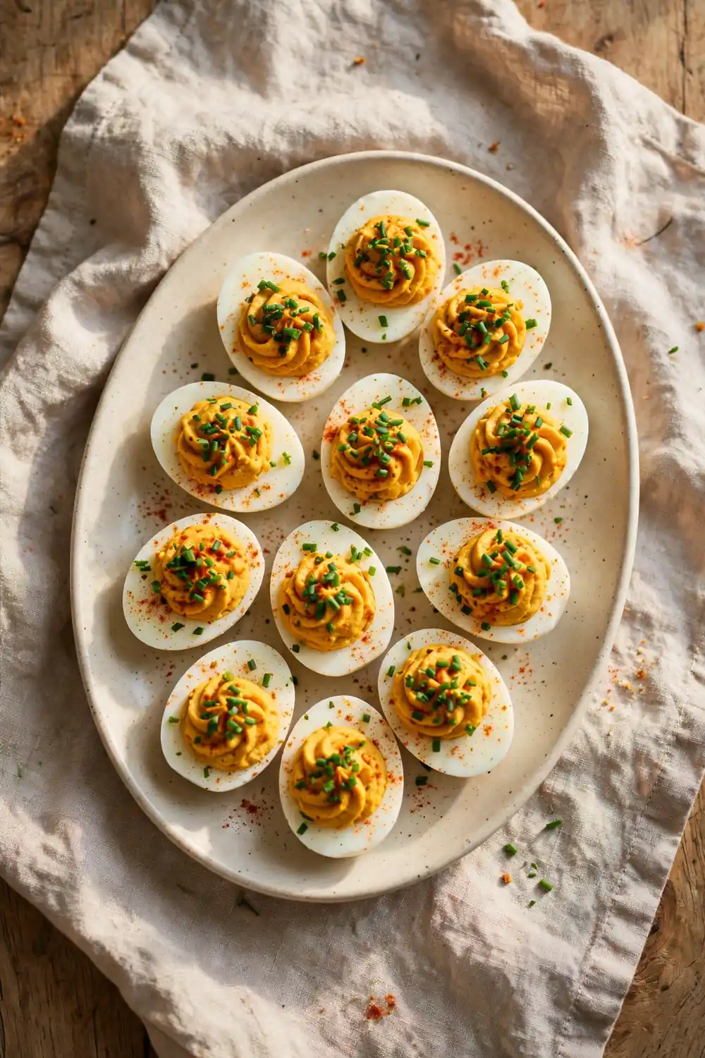 Pumpkin deviled eggs topped with chives and paprika