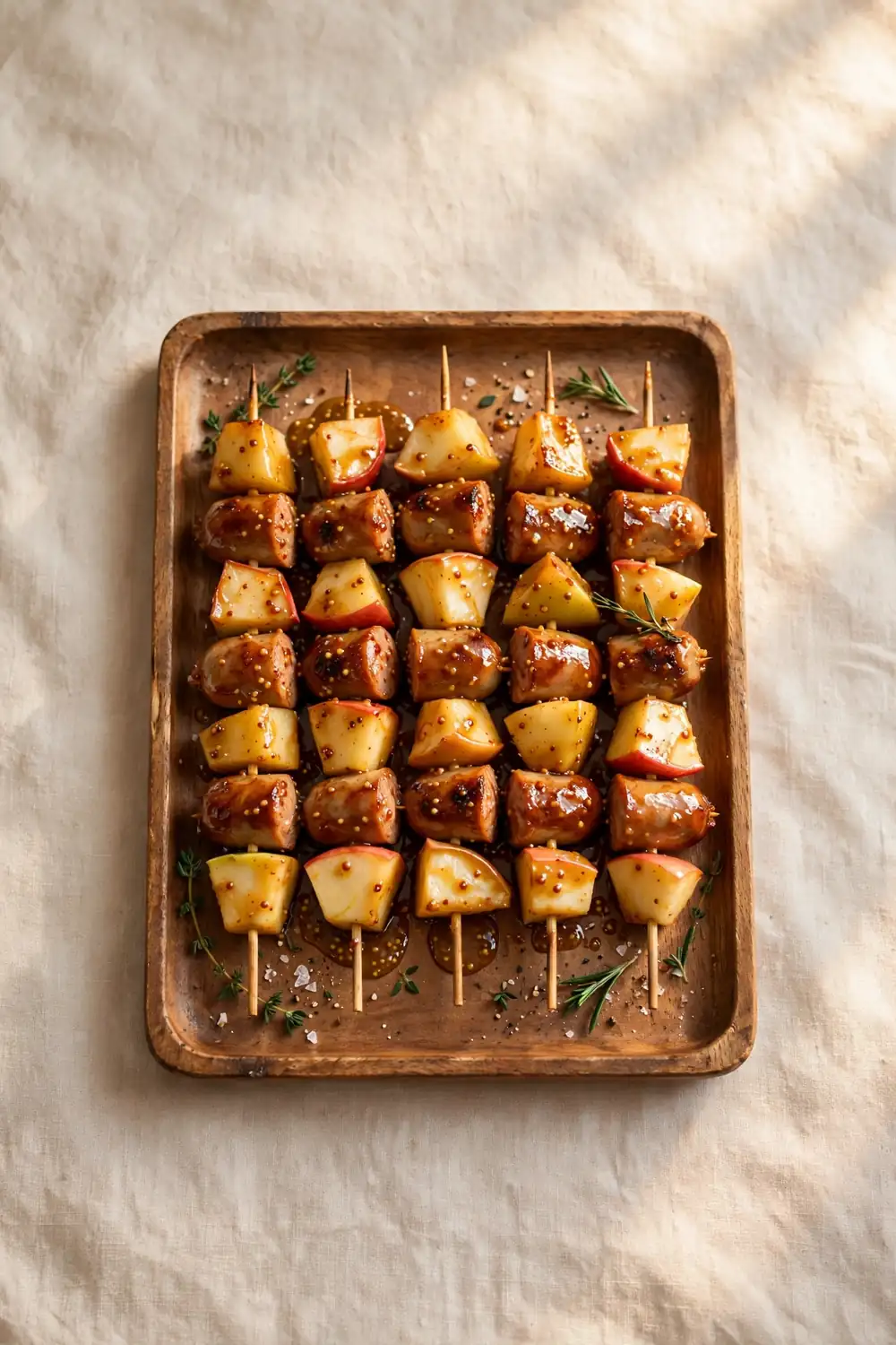 Apple sausage skewers glazed with maple mustard