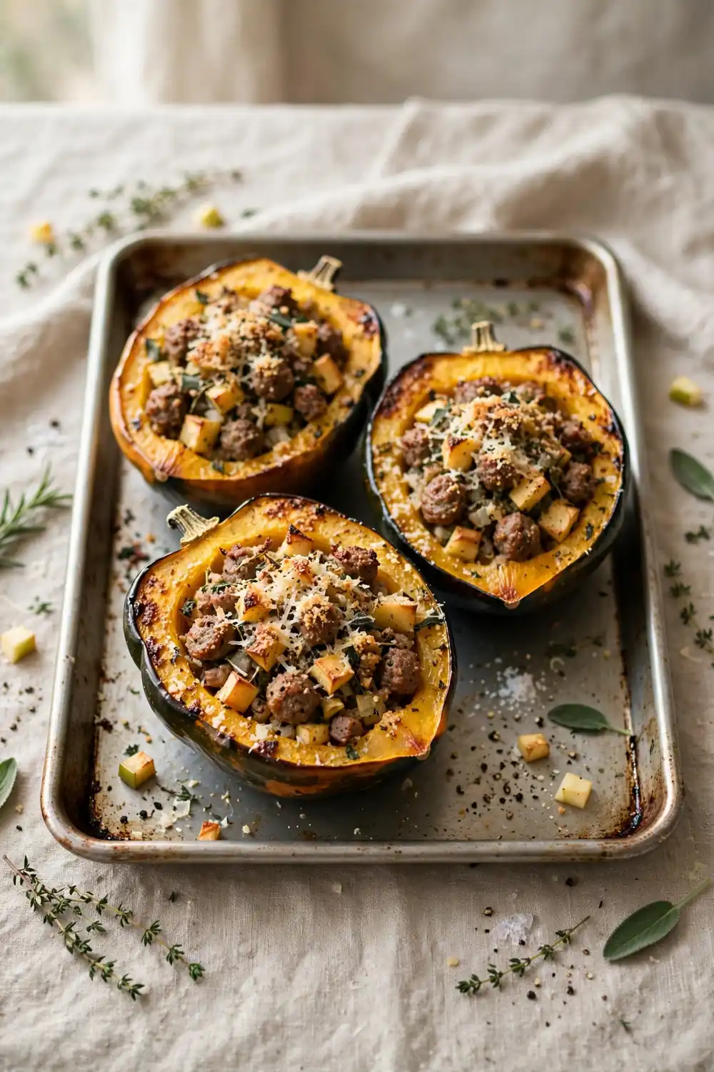 Roasted acorn squash cups filled with sausage apple and herbs