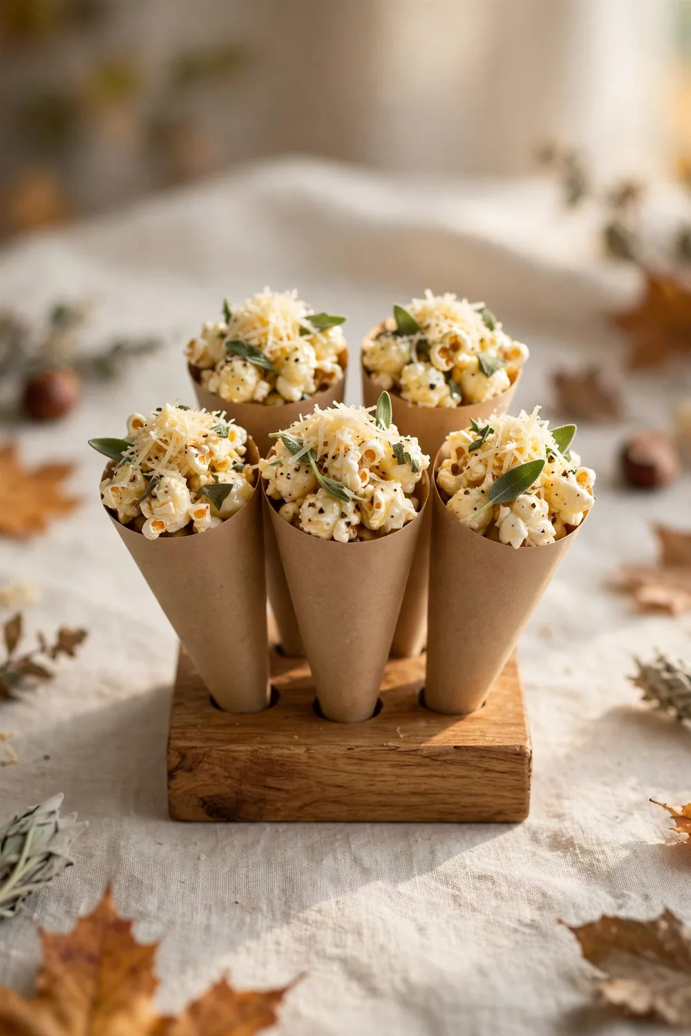 Sage butter popcorn with parmesan in paper cones