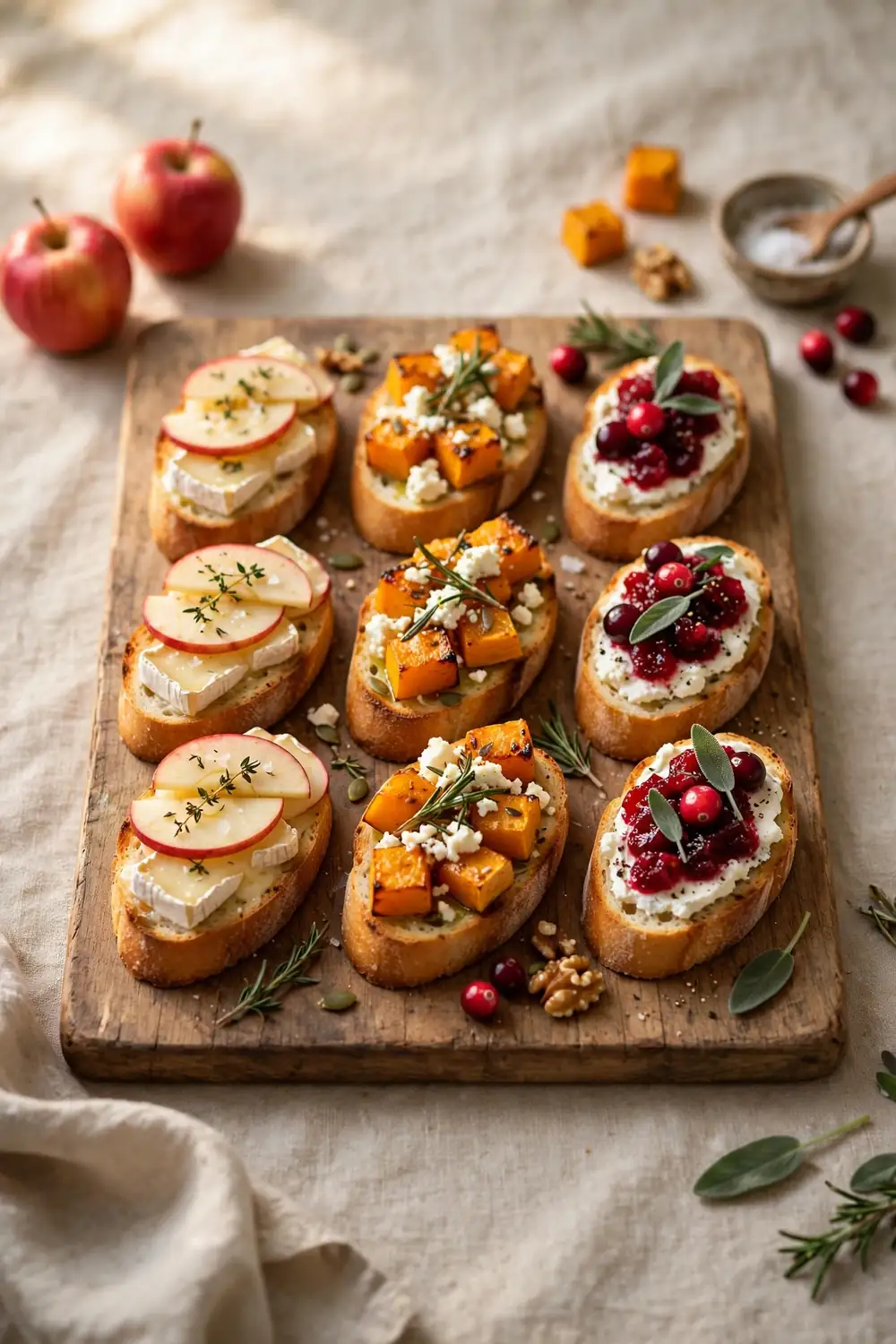 Harvest bruschetta board with three toppings and toasted bread