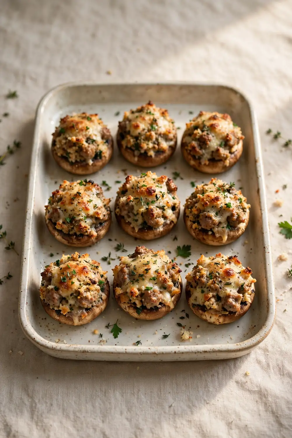 Stuffed mushroom caps with sausage breadcrumb filling