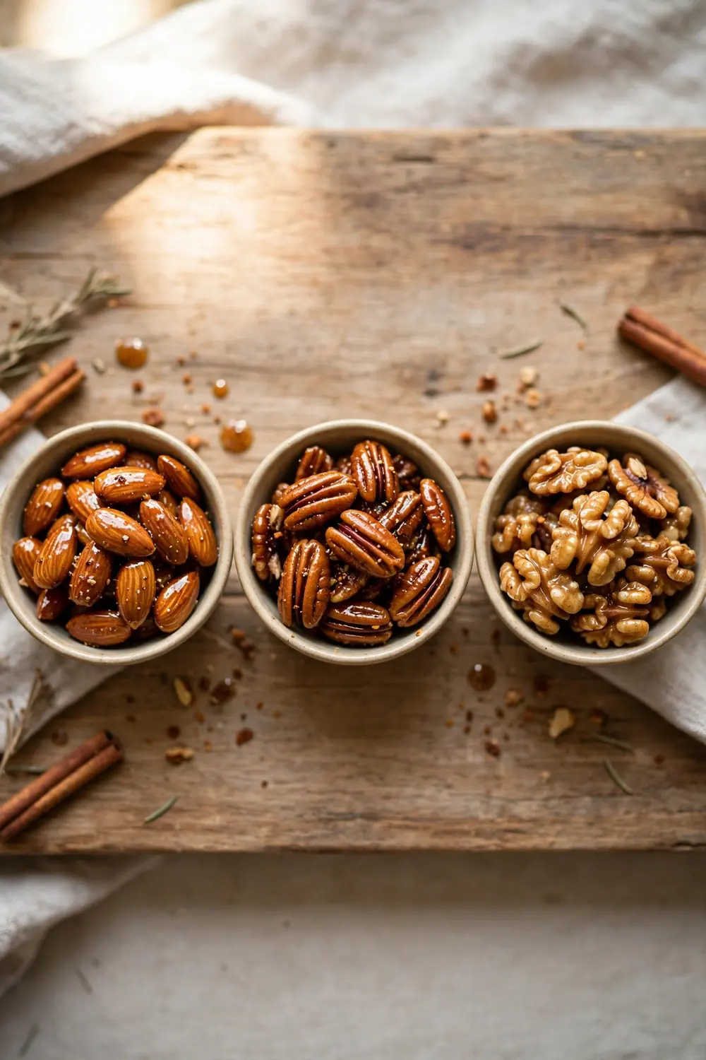 Spiced nuts trio with almonds pecans and walnuts in bowls