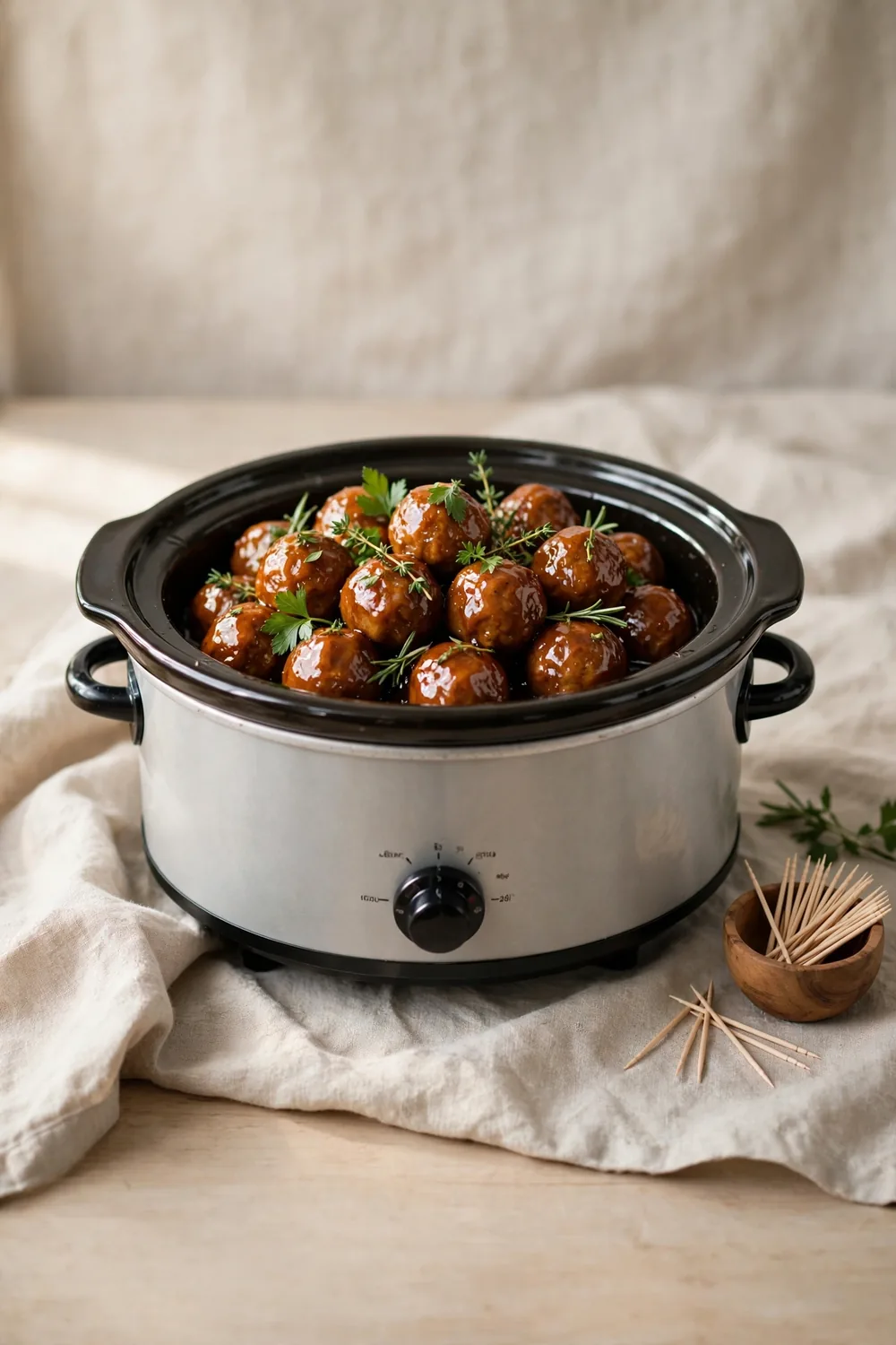 Cider glazed meatballs in a slow cooker with toothpicks